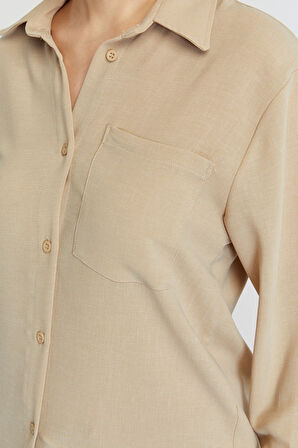 Kadın Bej Casual Salaş Kalıp Gömlek 