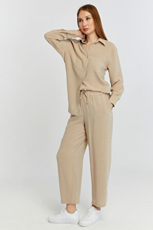 Kadın Bej Casual Salaş Kalıp Gömlek 