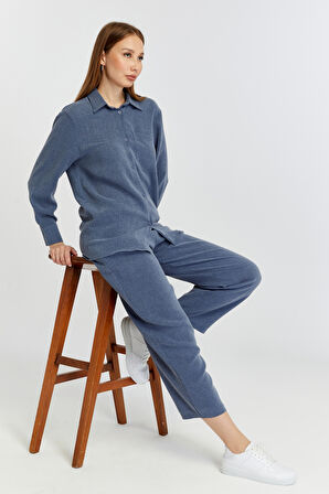 Kadın İndigo Bol Paça Dokuma Pantolon