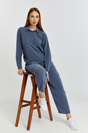 Kadın İndigo Bol Paça Dokuma Pantolon