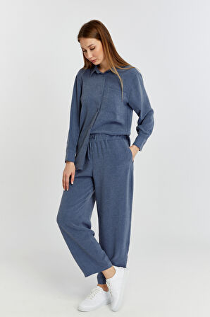 Kadın İndigo Bol Paça Dokuma Pantolon