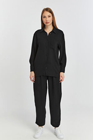 Kadın Siyah Bol Paça Dokuma Pantolon