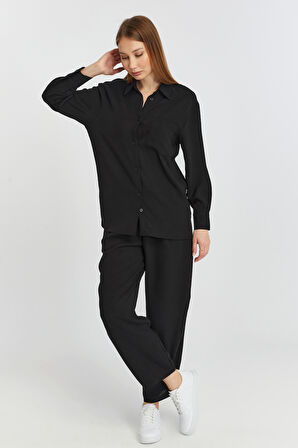 Kadın Siyah Bol Paça Dokuma Pantolon