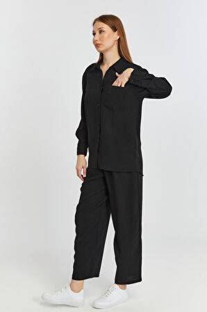 Kadın Siyah Bol Paça Dokuma Pantolon