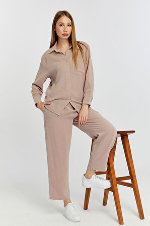 Kadın Vizon Bol Paça Dokuma Pantolon