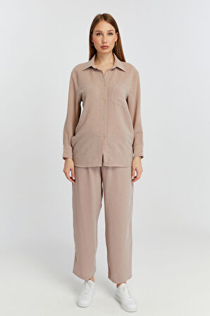 Kadın Vizon Bol Paça Dokuma Pantolon