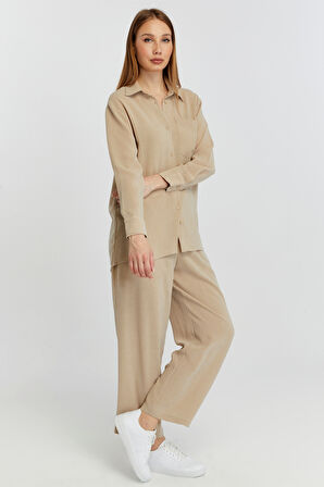 Kadın Bej Bol Paça Dokuma Pantolon