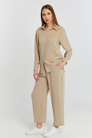 Kadın Bej Bol Paça Dokuma Pantolon