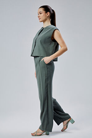 Kadın Yeşil Rahat Kesim Dokuma Pantolon