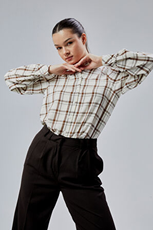 Kadın Kahverengi Ekoseli Regular Dokuma Gömlek