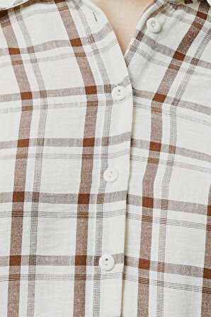 Kadın Kahverengi Ekoseli Regular Dokuma Gömlek