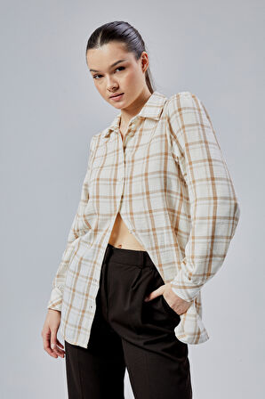 Kadın Vizon Ekoseli Regular Dokuma Gömlek