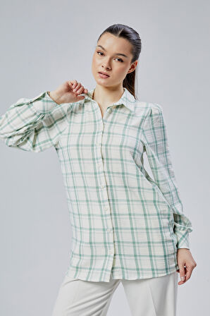 Kadın Mint Ekoseli Regular Dokuma Gömlek