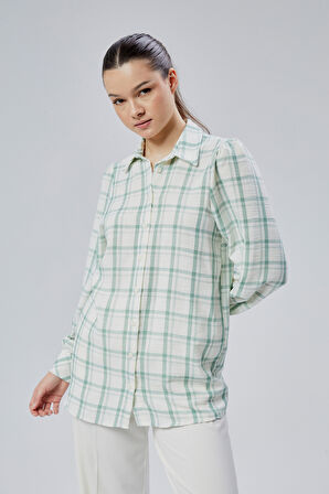 Kadın Mint Ekoseli Regular Dokuma Gömlek