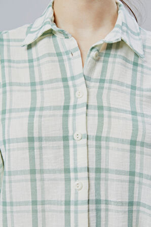 Kadın Mint Ekoseli Regular Dokuma Gömlek