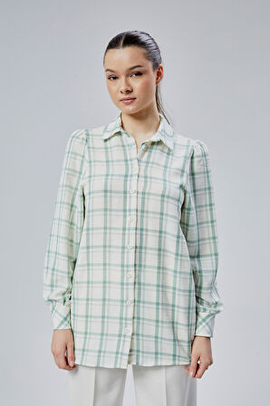 Kadın Mint Ekoseli Regular Dokuma Gömlek