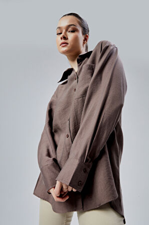 Kahverengi Yırtmaç Detaylı Oversize Gömlek 