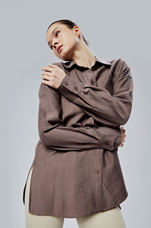 Kahverengi Yırtmaç Detaylı Oversize Gömlek 