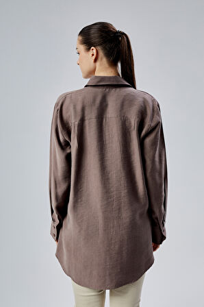 Kahverengi Yırtmaç Detaylı Oversize Gömlek 
