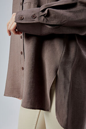 Kahverengi Yırtmaç Detaylı Oversize Gömlek 