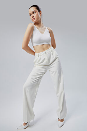 Kadın Ekru Regular Kalıp Dokuma Palazzo Pantolon