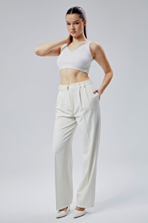 Kadın Ekru Regular Kalıp Dokuma Palazzo Pantolon