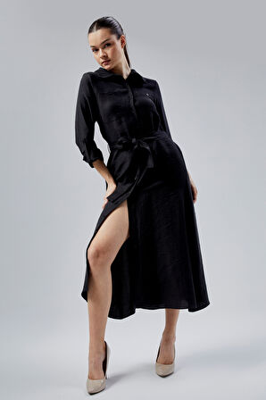 Siyah Regular Fit Kuşak Kemerli Gömlek Elbise