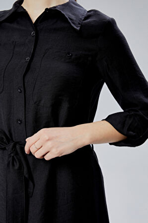 Siyah Regular Fit Kuşak Kemerli Gömlek Elbise