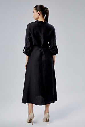 Siyah Regular Fit Kuşak Kemerli Gömlek Elbise