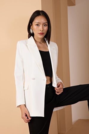 Beyaz Oversize Dokuma Blazer Ceket