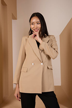 Açık Vizon Oversize Dokuma Blazer Ceket