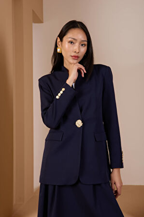 Lacivert Salaş Kesim Düğme Detaylı Dokuma Blazer Ceket