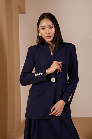 Lacivert Salaş Kesim Düğme Detaylı Dokuma Blazer Ceket