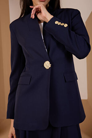 Lacivert Salaş Kesim Düğme Detaylı Dokuma Blazer Ceket