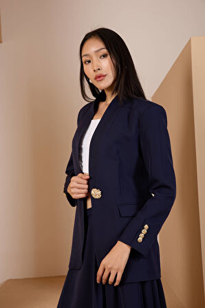 Lacivert Salaş Kesim Düğme Detaylı Dokuma Blazer Ceket