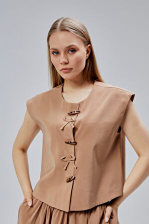 Kahverengi Regular Düğme Detaylı Yelek