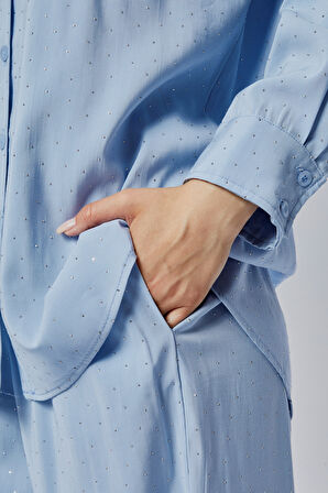 Bebe Mavisi Taş İşlemeli Salaş Kesim Dokuma Pantolon