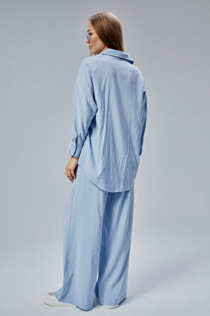 Bebe Mavisi Taş İşlemeli Salaş Kesim Dokuma Pantolon