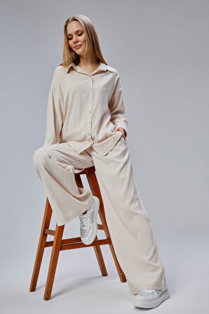 Taş Rengi Taş İşlemeli Salaş Kesim Dokuma Pantolon