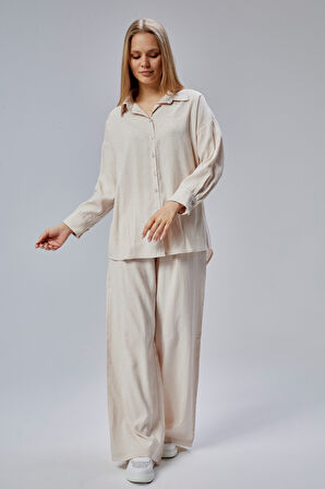 Taş Rengi Taş İşlemeli Salaş Kesim Dokuma Pantolon