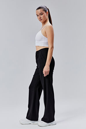 Siyah Rahat Kalıp Dokuma Palazzo Pantolon