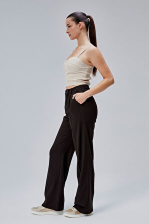 Acı Kahve Rahat Kalıp Dokuma Palazzo Pantolon