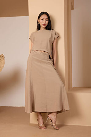 Vizon Salaş Kesim Beli Lastikli Dokuma Etek