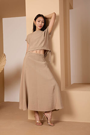 Vizon Salaş Kesim Beli Lastikli Dokuma Etek