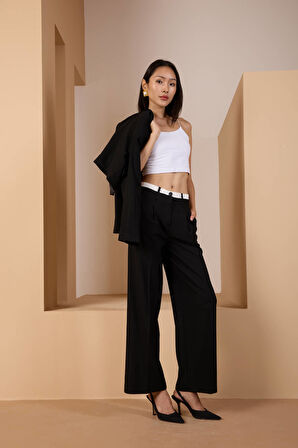 Siyah Bel Garni Detaylı Palazzo Pantolon