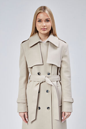 Kadın Regular Rüzgarlık Detaylı Kaşe Kaban