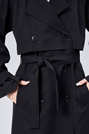 Oversize Kruvaze Kapama Rüzgarlık Detaylı Trençkot