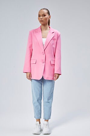 Pembe Kadın Düğmeli Oversize Blazer Ceket