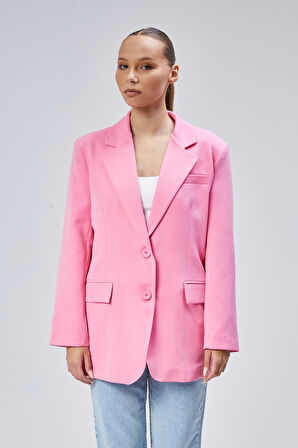 Pembe Kadın Düğmeli Oversize Blazer Ceket