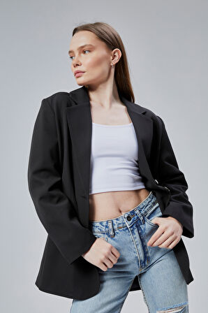 Kadın Oversize Düz Kesim Astarlı Dokuma Blazer Ceket